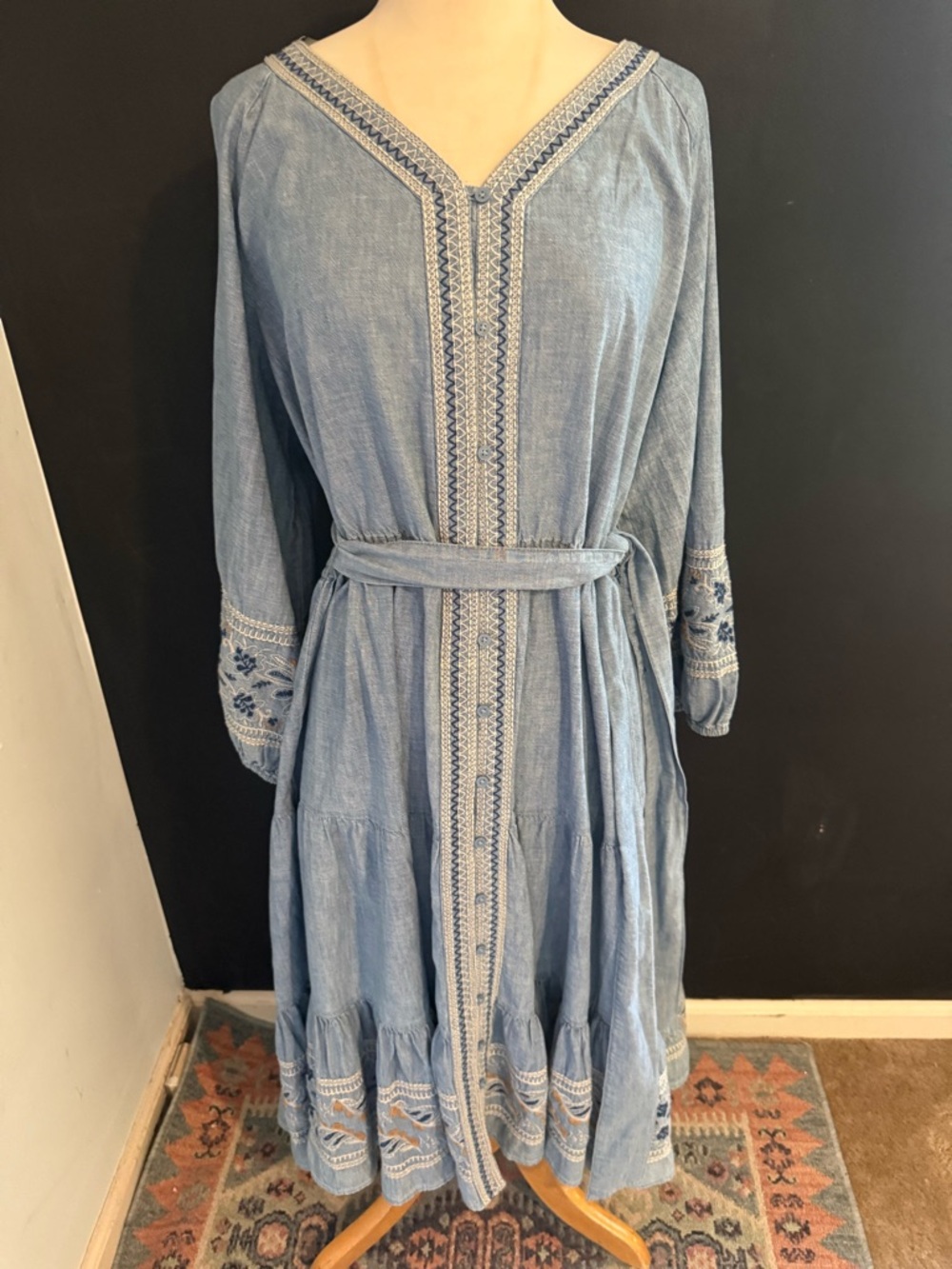 Light Blue Embroidered Boho Midi Peasant Cottage Chambray Dress